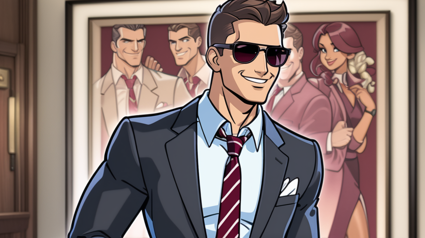 male character, with short dark brown hair, wearing black sunglasses, in a white and blue pin stripe button up shirt, wearing a maroon tie, black suit pants, smiling, in the art style of archer the animated tv series