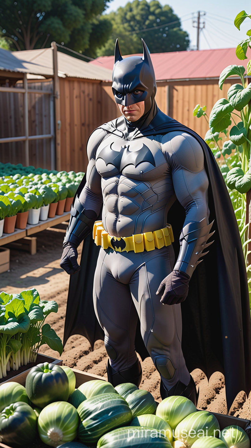 Documentary photo of Batman weeds his vegetable garden --style raw --s 750 --ar 71:128 --v 6