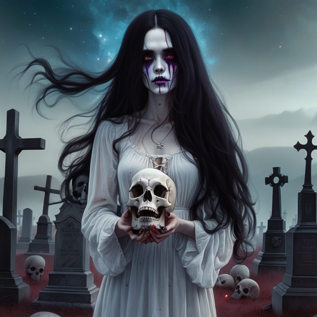 spooky pale woman with long black hair wearing a tattered and torn white dress, she is barefoot standing in a cemetary, she is holding a skull in her hands, there is smoke coming from the eye socket of the skull, the sky is galaxy colored, her eyes are purple and her lips are red