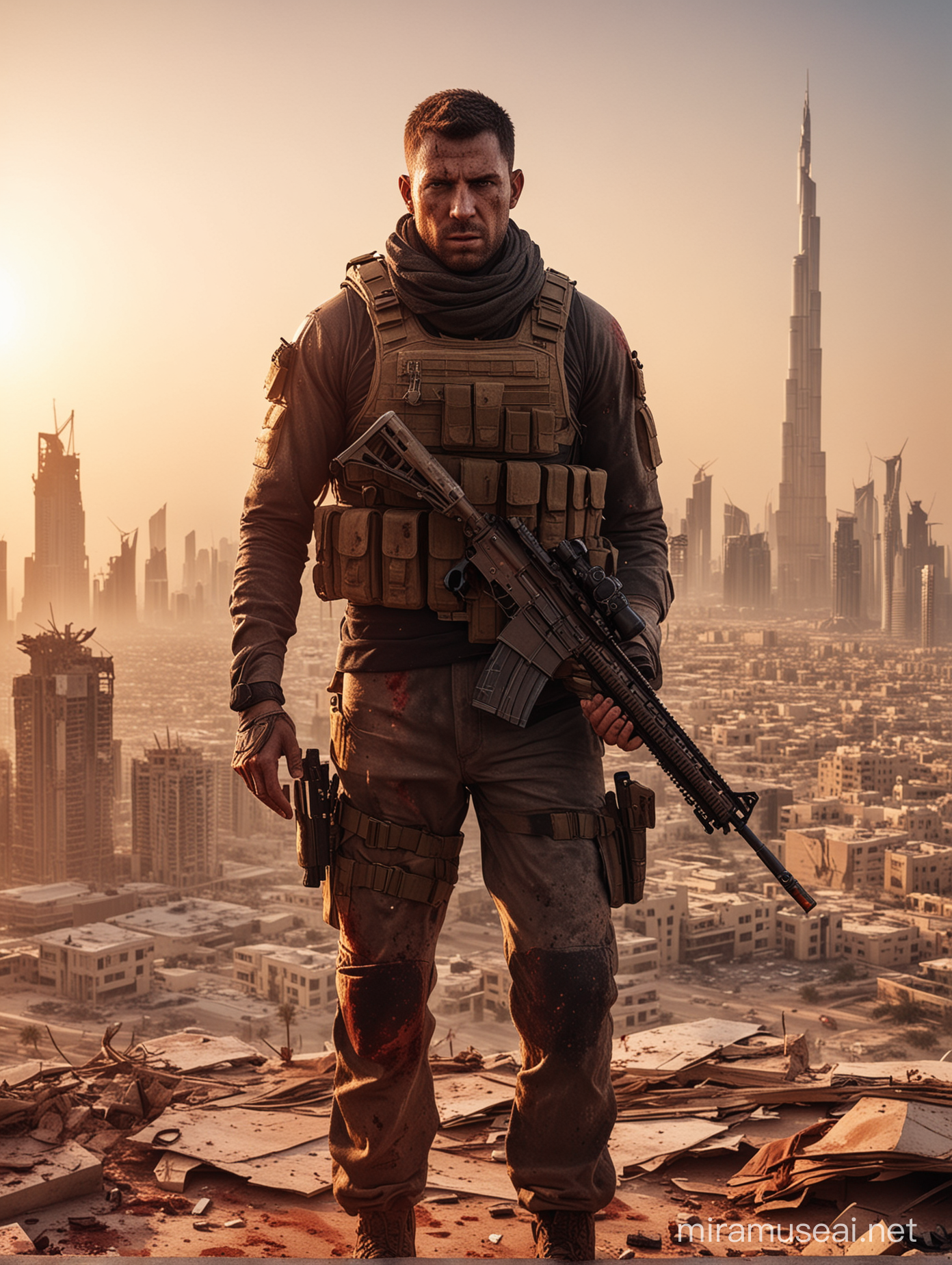 martin walker spec ops the line covered in blood and  holding a sniper standing on a rooftop destroyed dubai golden hour background and feeling angry
