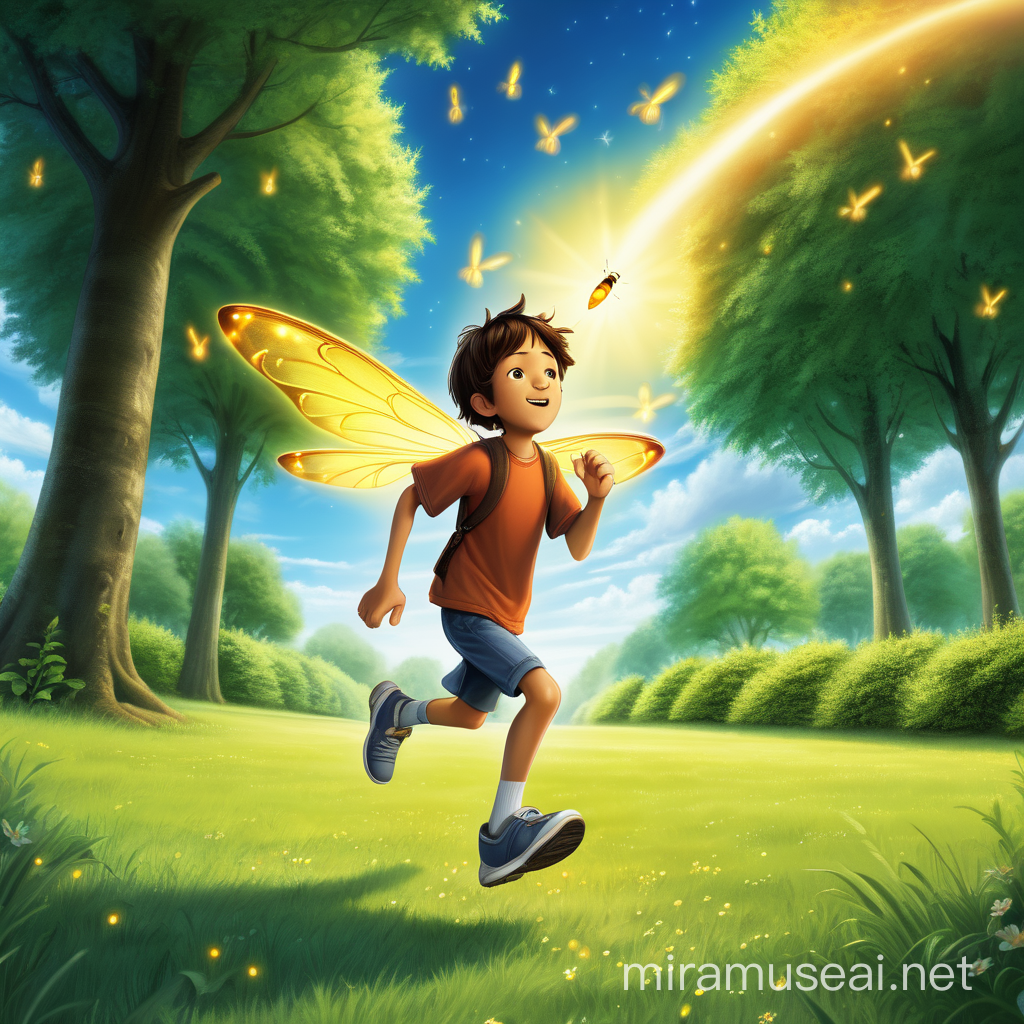 a nine year old boy running behind a firefly chasing it in a big park with trees greenery with a blue sky in the back and clouds and sunny 