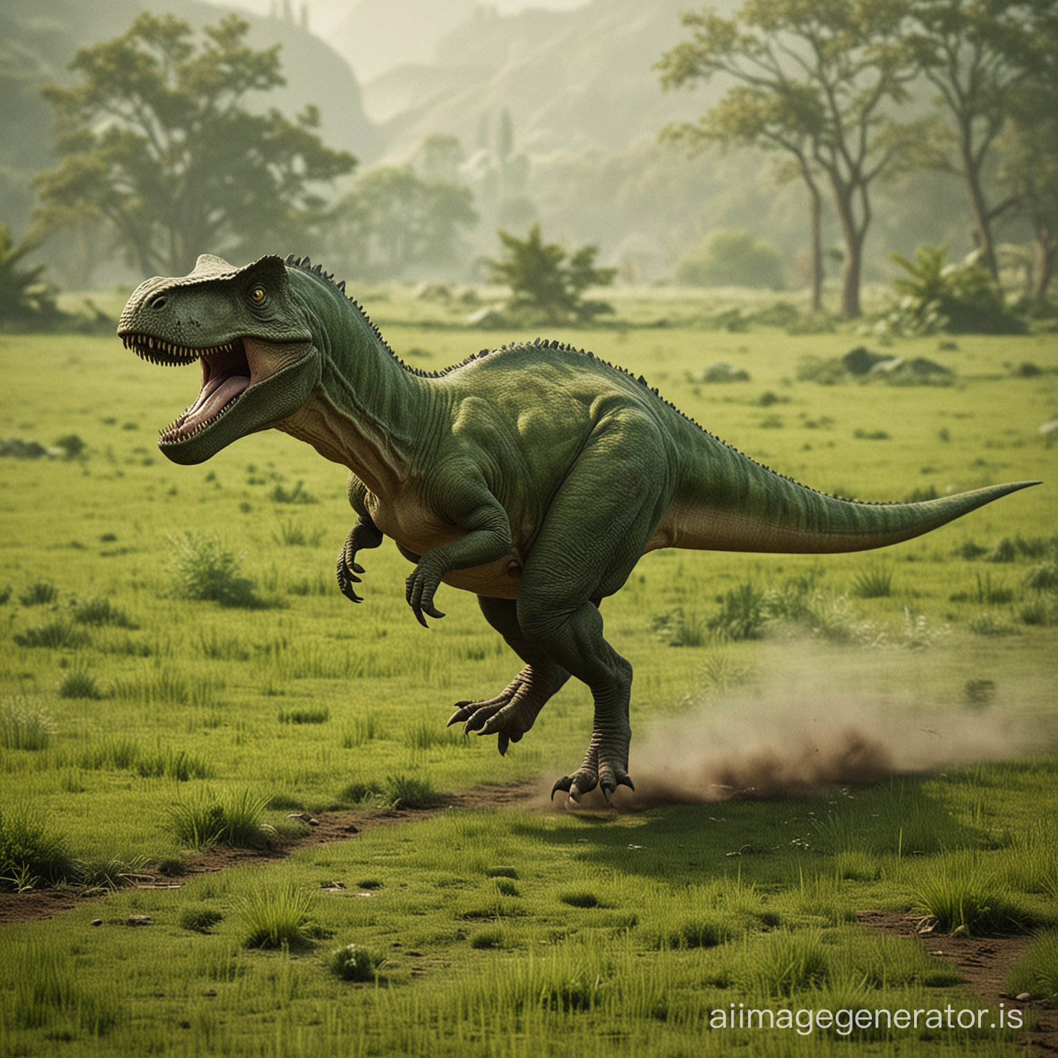 In a old time a dinosaur running in green surface
