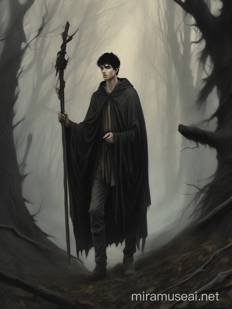 Thin young man, short messy black hair, alert, looking to the right, lost, anxious, haunted, walking staff in hand, worn clothes, patched clothes, lonely, dark forest, misty forest, worn cloak, Medieval fantasy painting, MtG art, fantasy art
