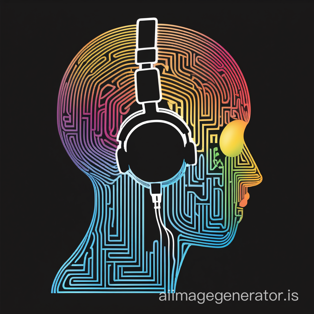 A human head  with no eyes diagram with a labyrinth as a brain and using headphones side view, colourful, schematic vectorial silhouette, black background