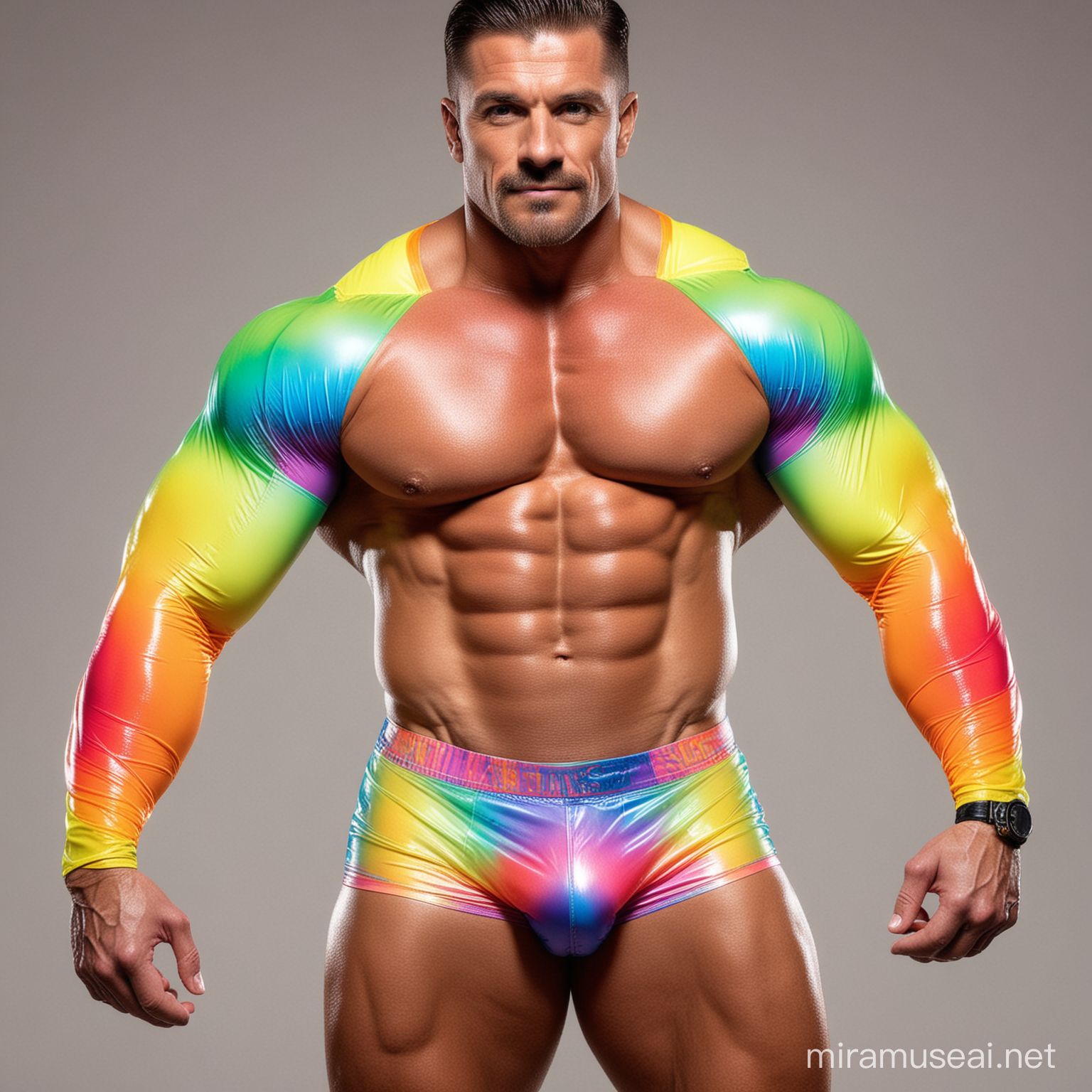 Topless 40s Ultra Beefy IFBB Bodybuilder wearing Multi-Highlighter Bright Rainbow Coloured See Through Jacket short shorts and Flexing Big Strong Arm