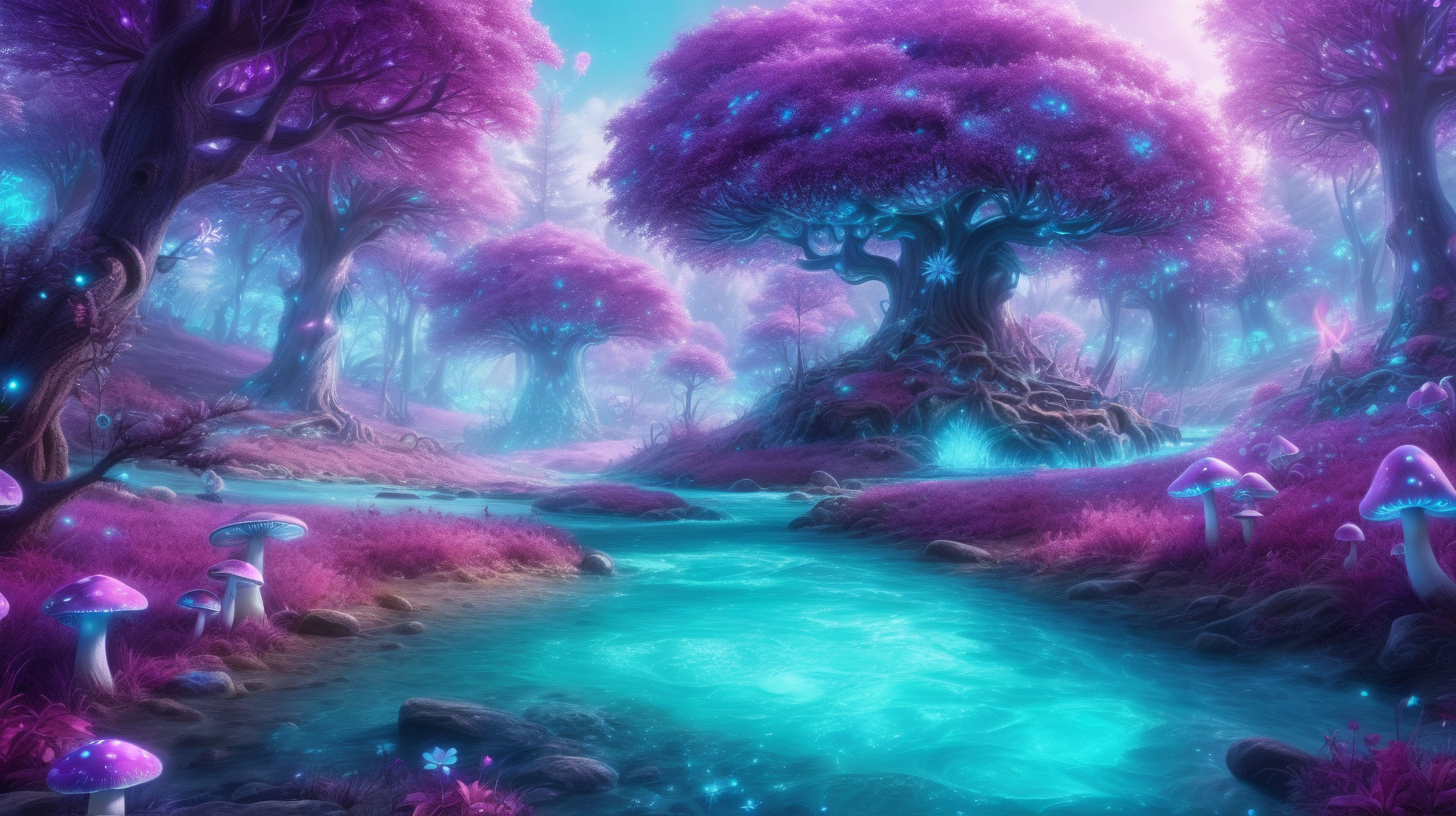 Forest of Bright royal-purple big, flower trees, purple, pink surrounded in turquoise dust. Bright-blue-river. Daylight, 8k, fairytale mushrooms, glowing. Magical, fantasy and potions and fireplace and led lights