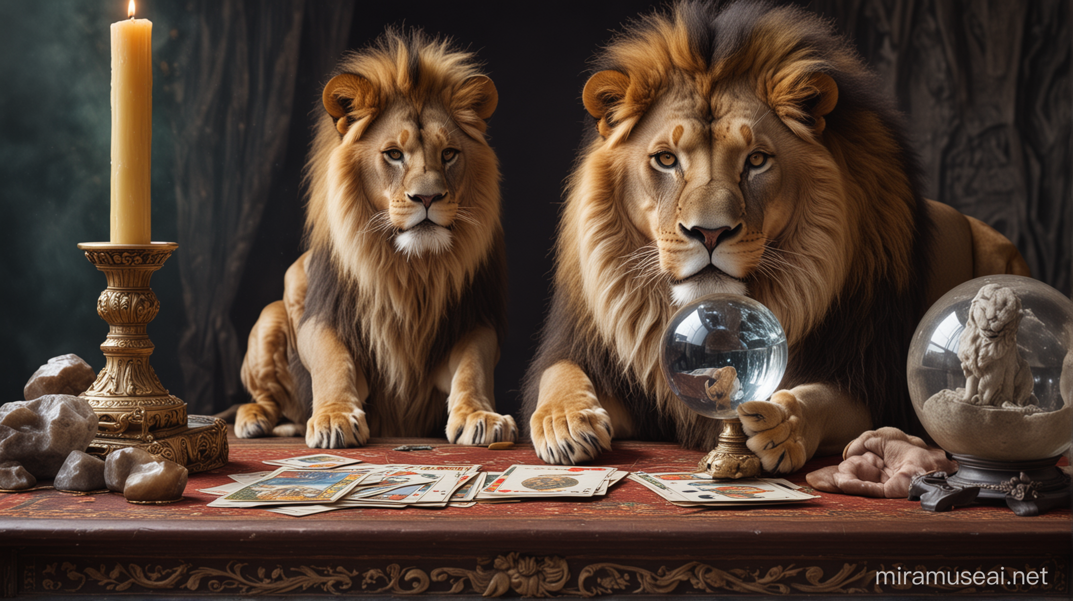 A lion doing tarot readings with a crystal ball