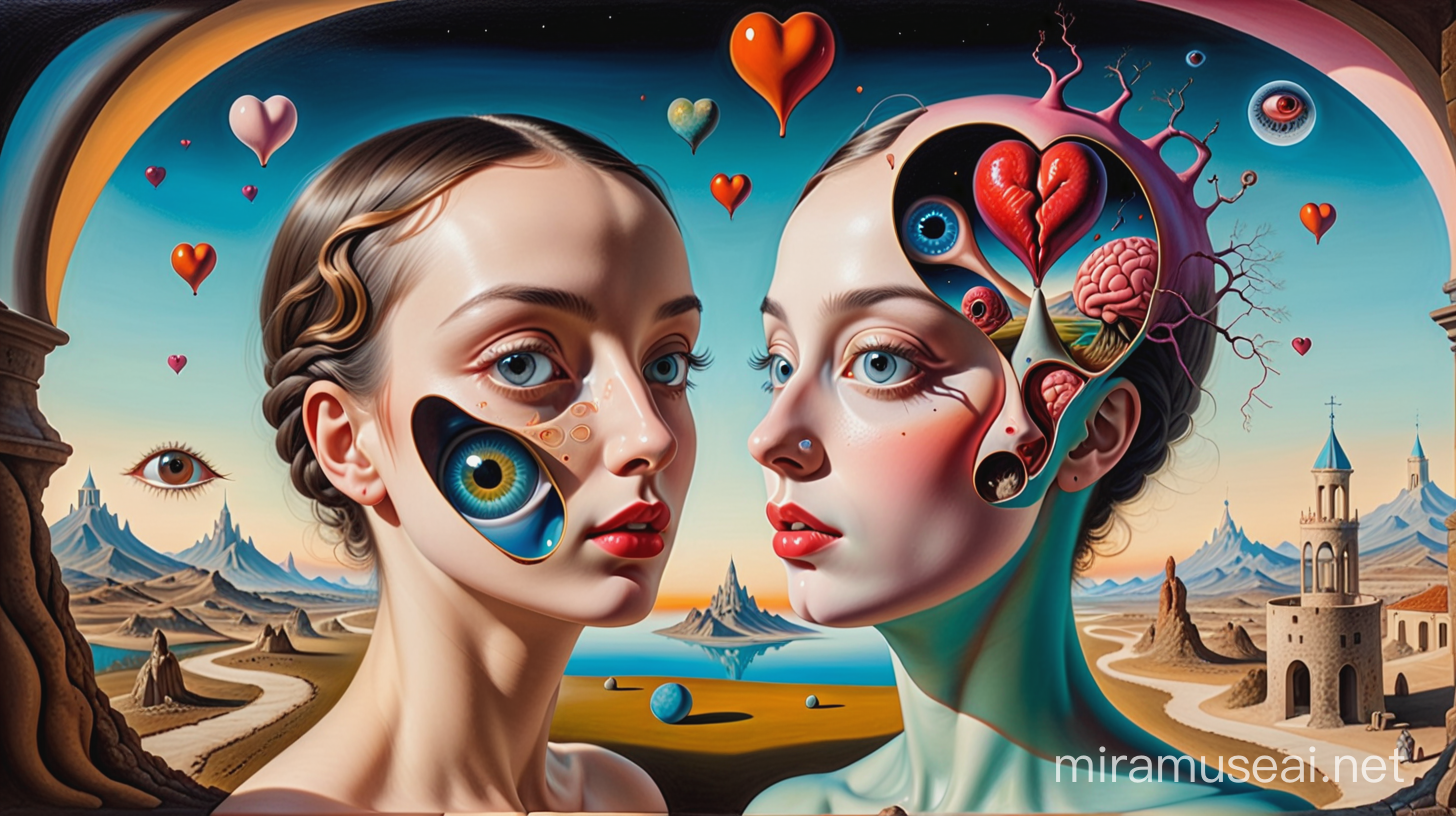 A surrealist painting that depicts a dreamlike scene, bizarre eyes, human heart, lips and brain, and distorted perspectives, inspired by Salvador Dalí style and Max Ernst style, with intricate details and vibrant colors