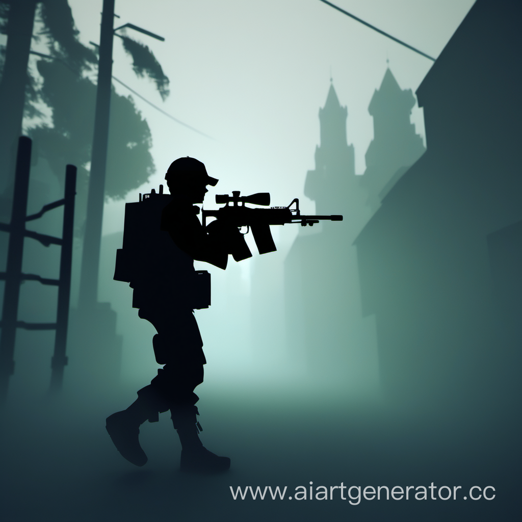 силуэт снайпера, идущего в тумане, в руках винтовка, для роблокс карты

