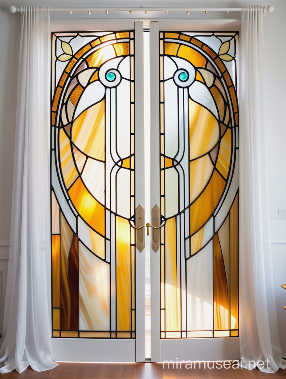 витраж абстрактный геометрический орнамент, на двери, из желтого, бежевого и белого стекла тиффани, в стиле ар нуво на фоне штор из белой органзы