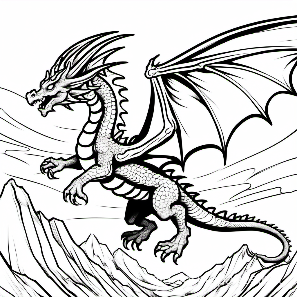 Dragon flying through the air, Coloring Page, black and white, line art, white background, Simplicity, Ample White Space. The background of the coloring page is plain white to make it easy for young children to color within the lines. The outlines of all the subjects are easy to distinguish, making it simple for kids to color without too much difficulty