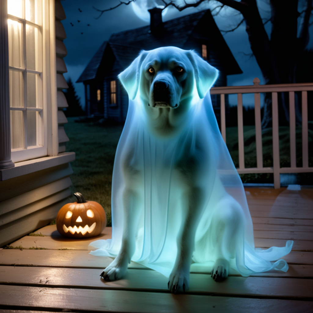 translucent ghost dog, he is sitting on the porch of spooky house, it's night, it's creepy