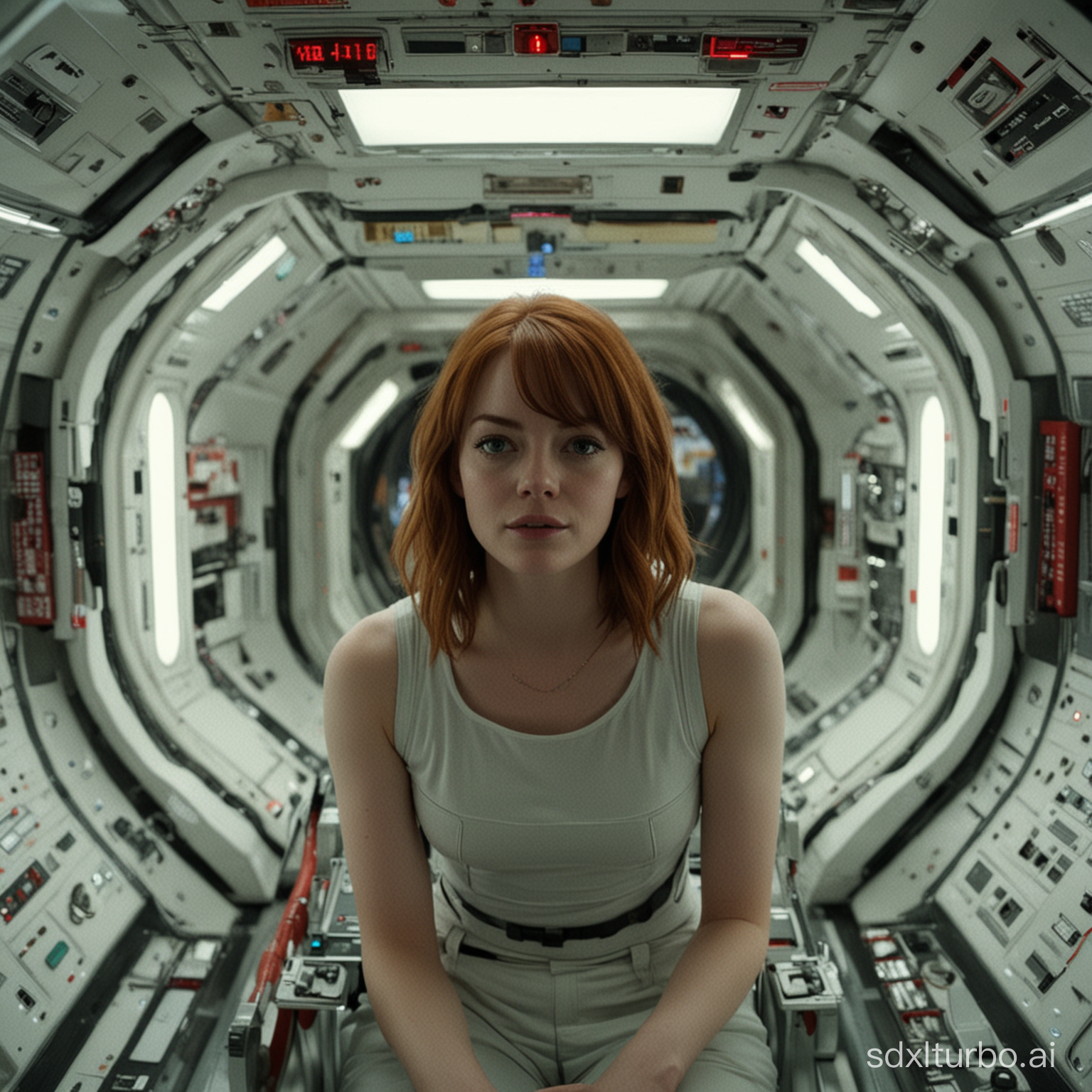 Emma stone  inside spaceship，Wong Kar-Wai's cinematic anamorphic shot 