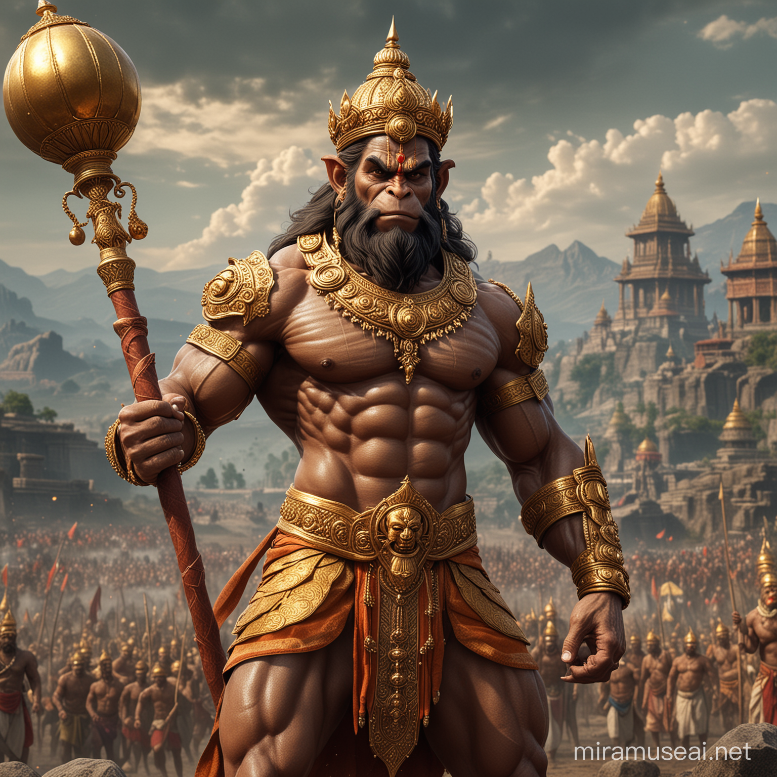 Very muscular and tall Hanuman, holding a long handle huge Golden mace bomb in right hand, 
wearing crown, battle field in the background, detailed and intricate environment, dynamic pose, muscles defined with chiseled aesthetics, traditional attire draped elegantly, vivid, ultra realistic.