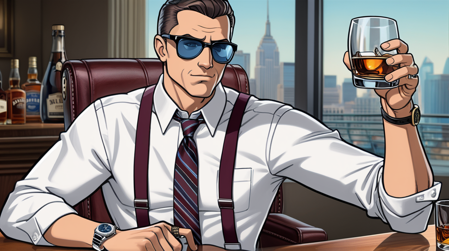 male, wearing a white button up with blue pin stripes, brown suspenders, black slacks, wearing a maroon colored tie, has on black sunglasses, wearing a silver Rolex watch, hold a glass of whiskey,  in the art style of archer the tv series