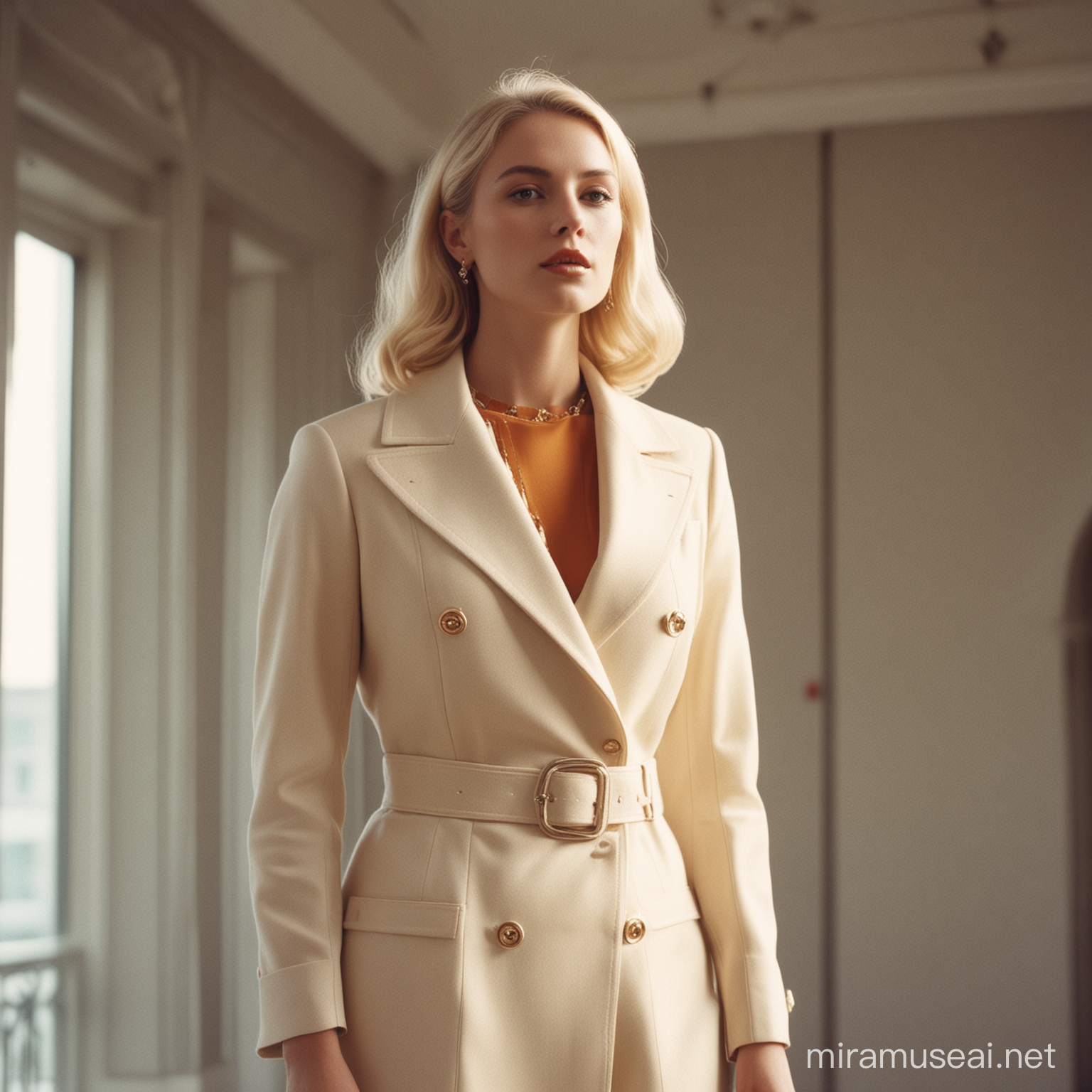 A stunningly dressed (((blonde woman))) on a luxurious (((runway))), captured in gorgeous natural light and vintage ('Agfa Vista' film) for an editorial fashion spread evoking the essence of a classic '60s-era documentary style