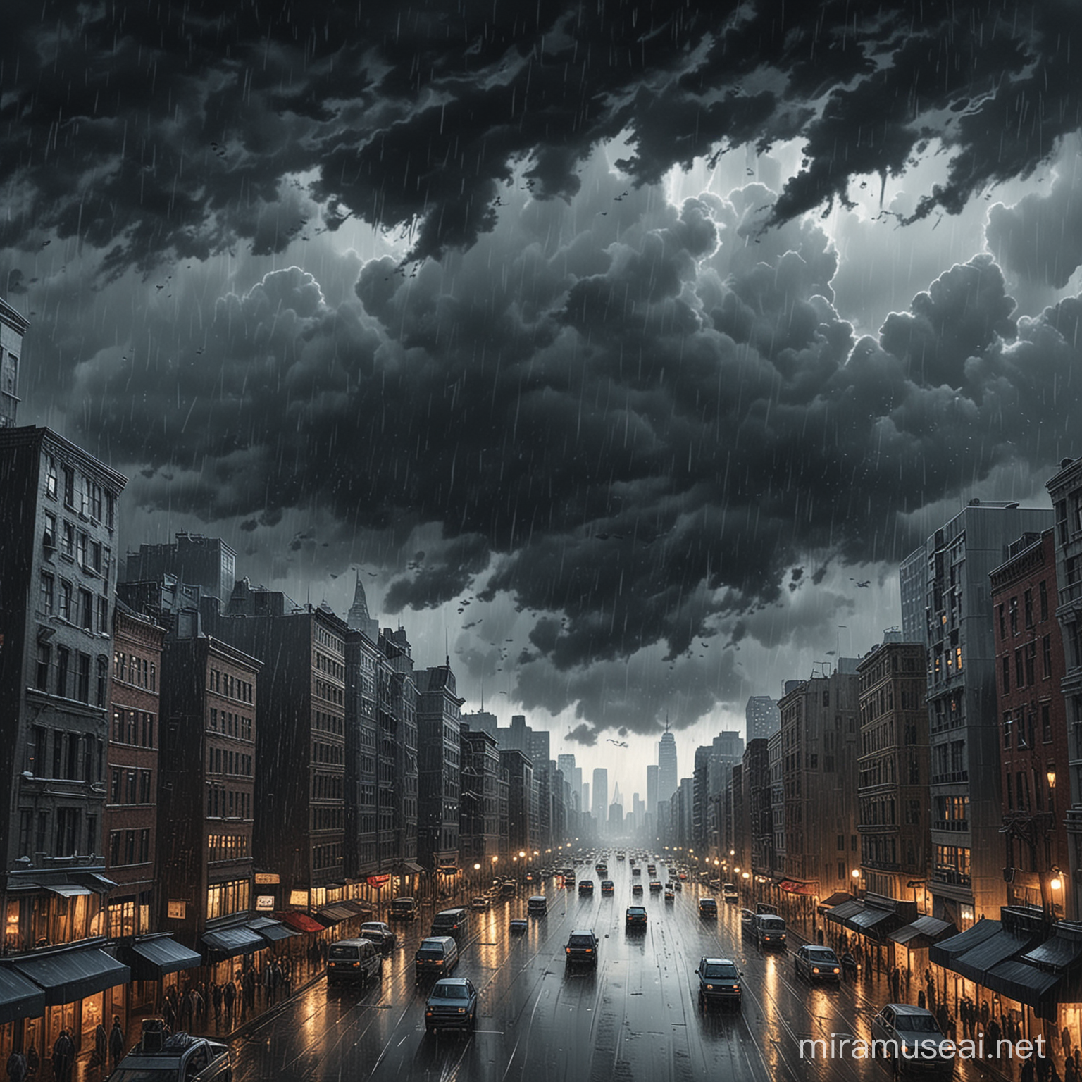 draw a cartoon scene of a sky with dark clouds and heavy rain looming over a crowded city with tall buildings