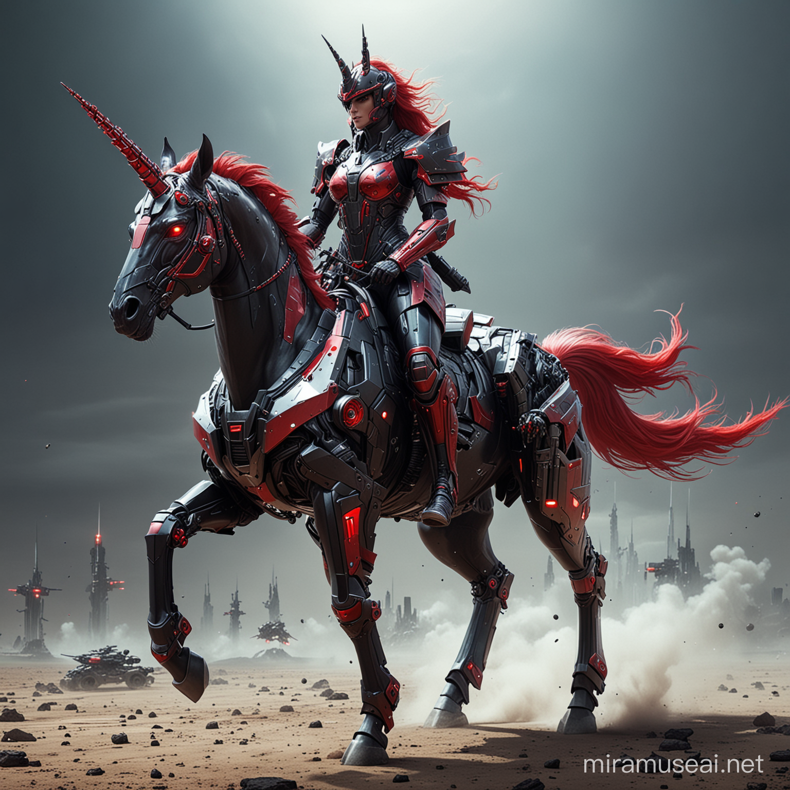Futuristic Cyber Warrior Riding Red and Black Armored Unicorn Across Open Plains