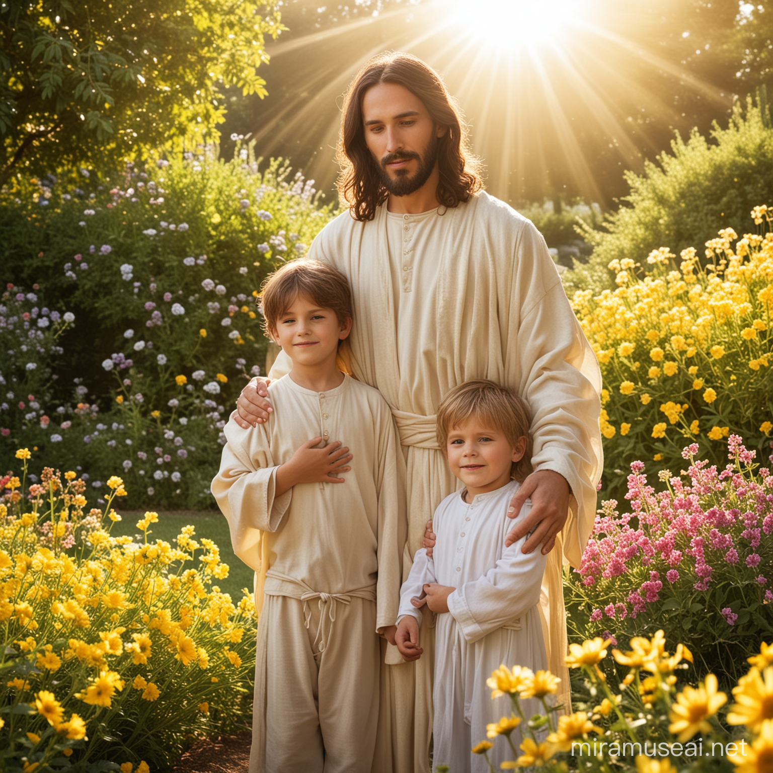 jesus christ with two young boy kids
with sunshine with full of flowers and gardern background

