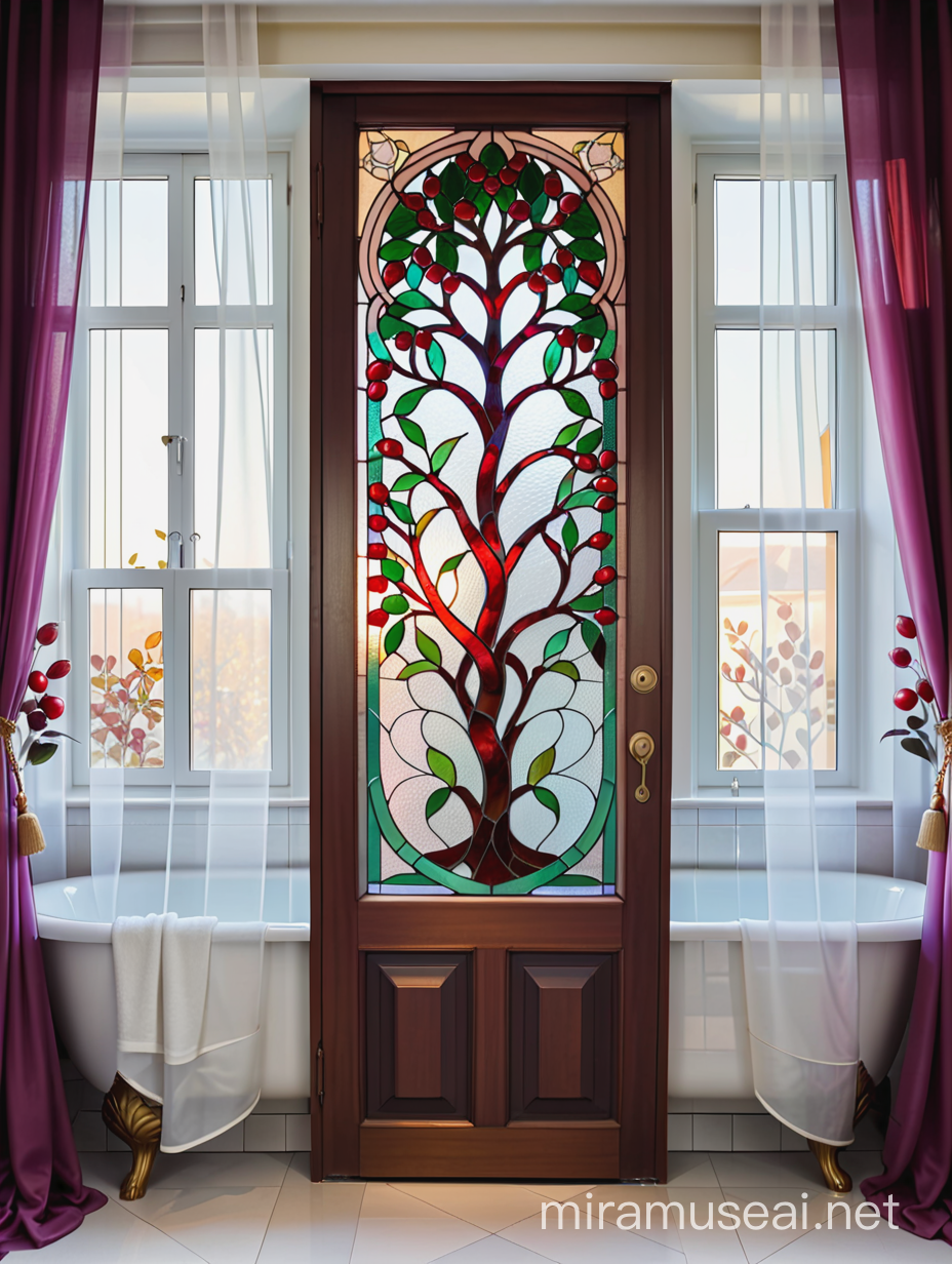 витражная дверь тиффани, в стиле ар нуво, гранатовое дерево из цветного стекла, стоит на фоне штор из белой органзы в ванной комнате