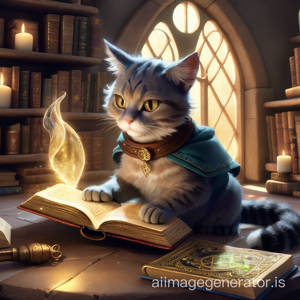 Cat reading a spellbook