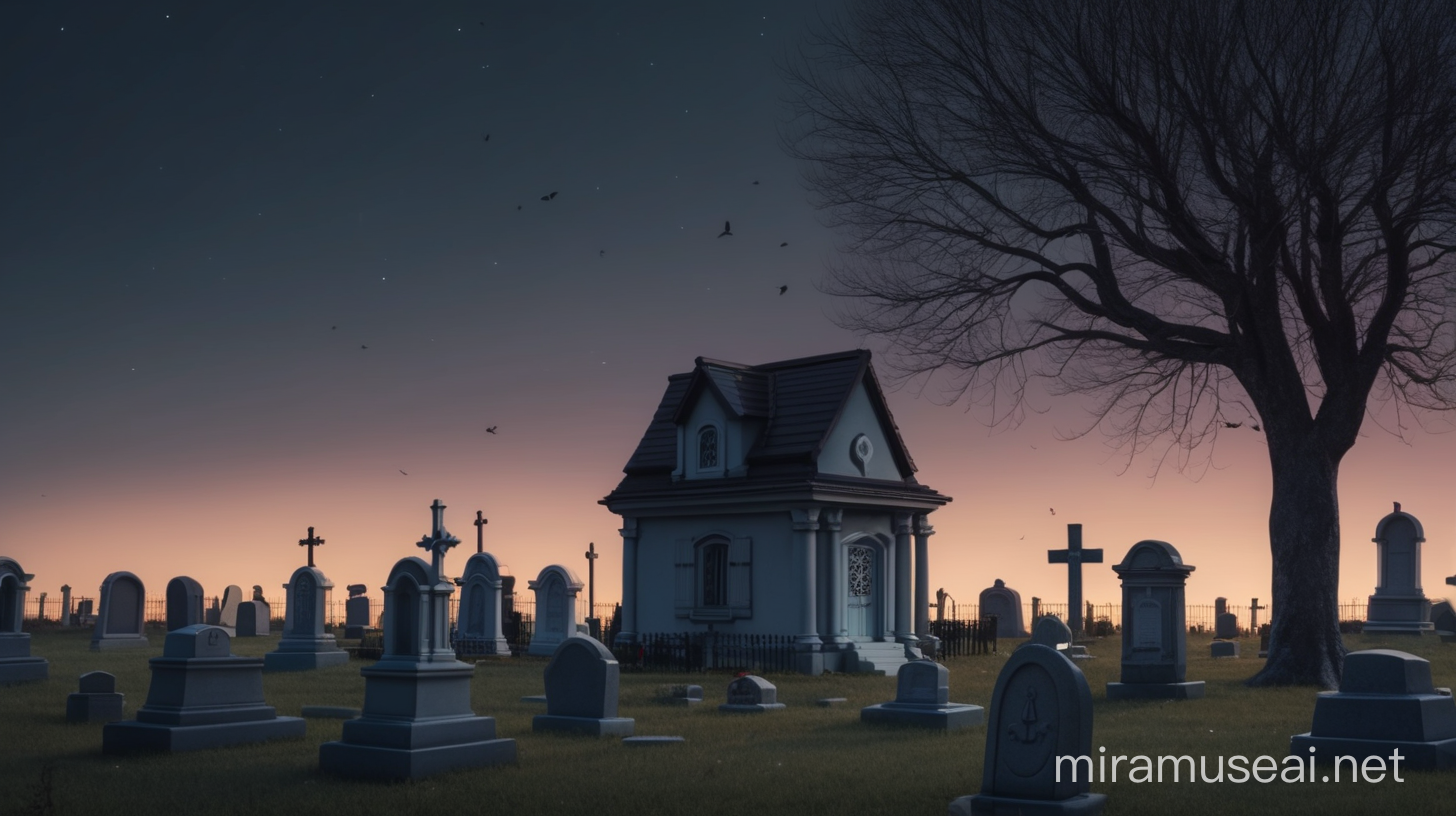 Serene Evening Scene Cemetery and Small House