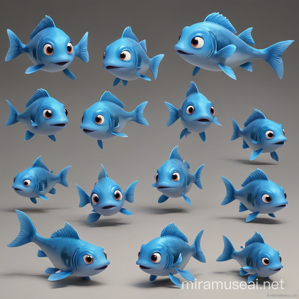 little blue fish, multiple posses, multiple expressions, no outline