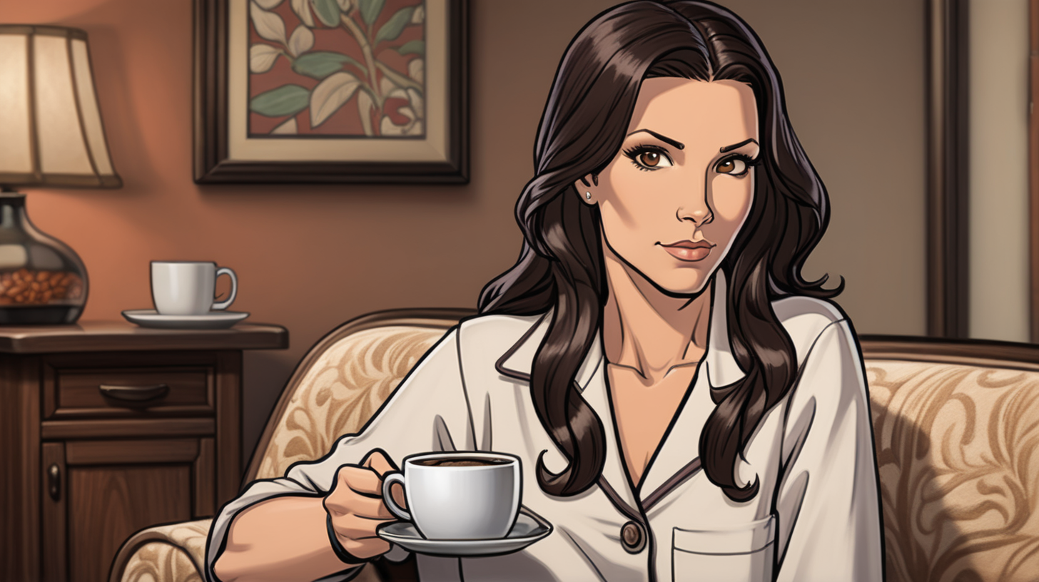 female, in her early 40s, wearing comfy pajamas, long dark brown hair, brown eyes, holding coffee, in the art style of archer the tv series