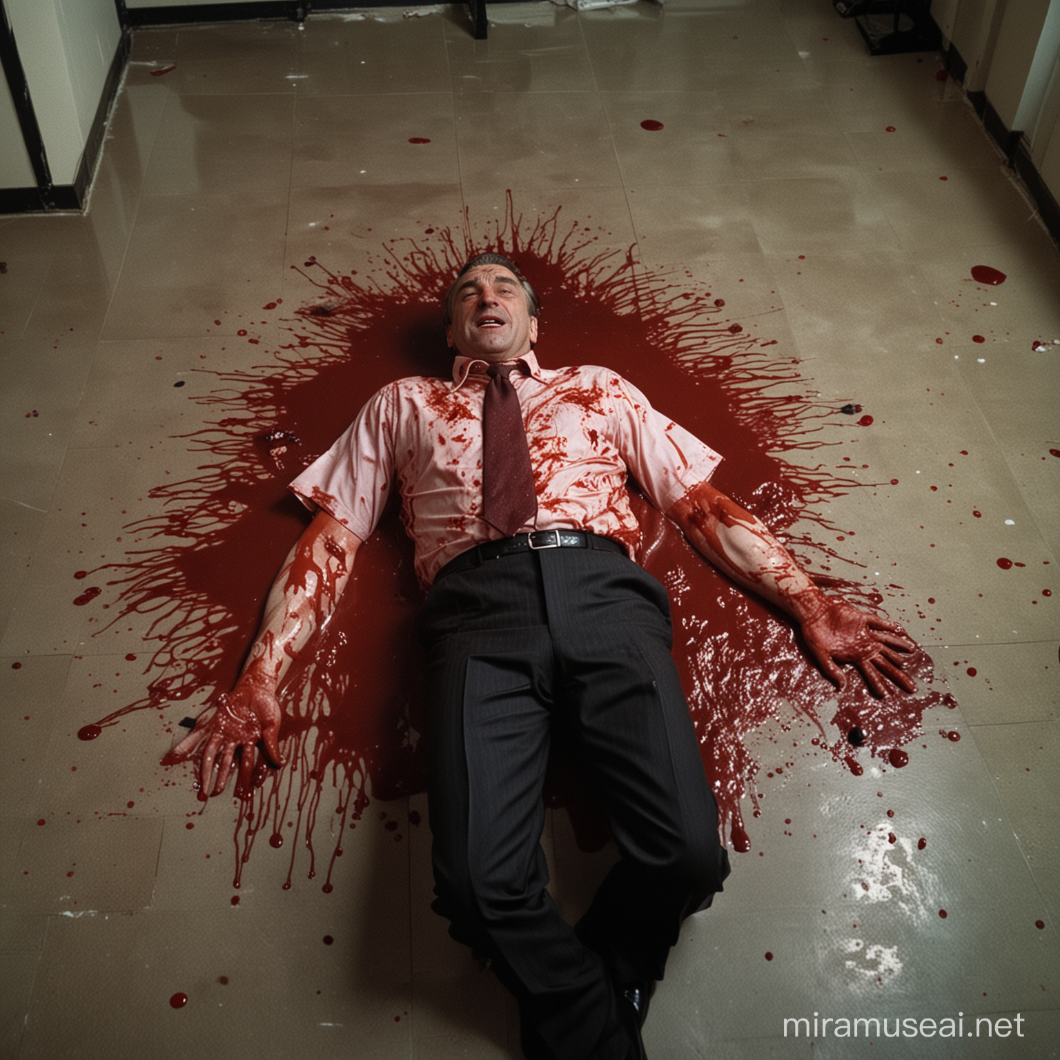 dead robert de niro lying in a pool of blood, in an office, dim lighting