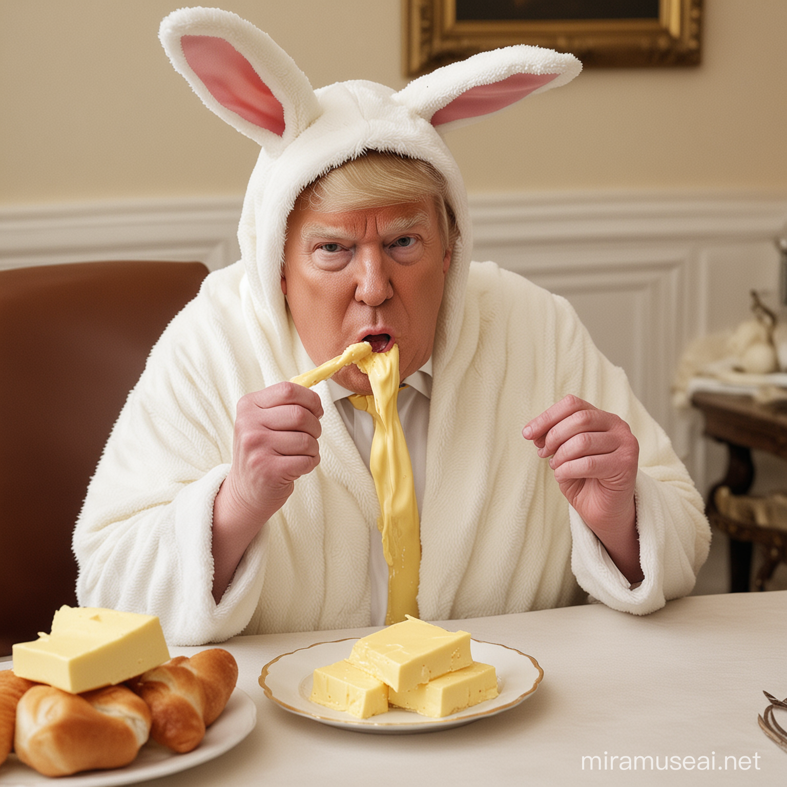 Donald Trump im Hasenkostüm verspeist einen Batzen Butter