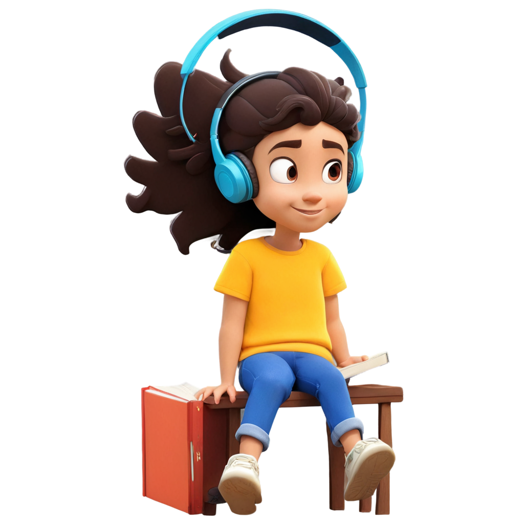 cartoon d'enfants avec casques audio assis sur un livre ouvert
