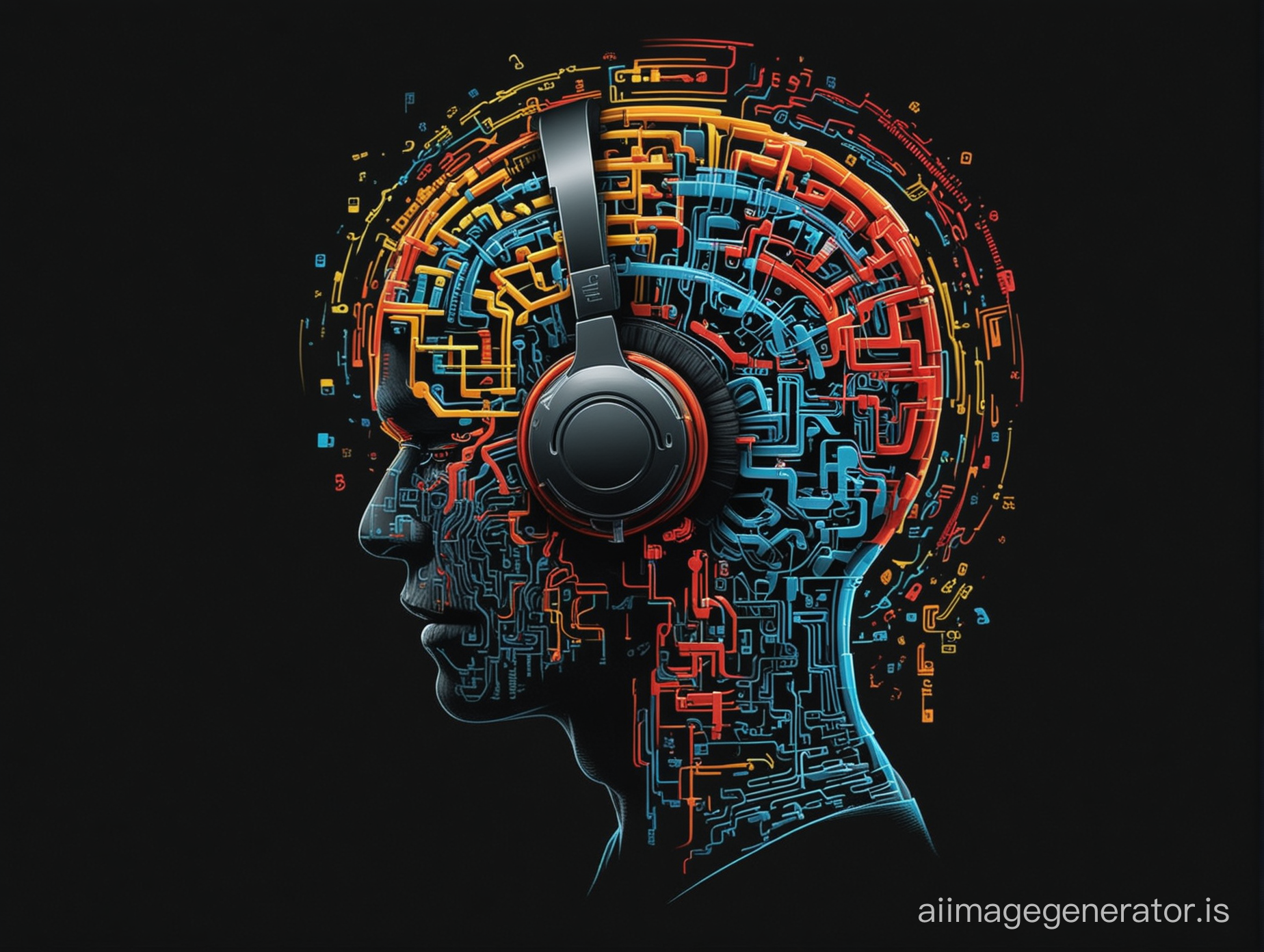 A human head  with no eyes diagram with a labyrinth as a brain and using headphones side view, colourful, schematic vectorial silhouette, black background