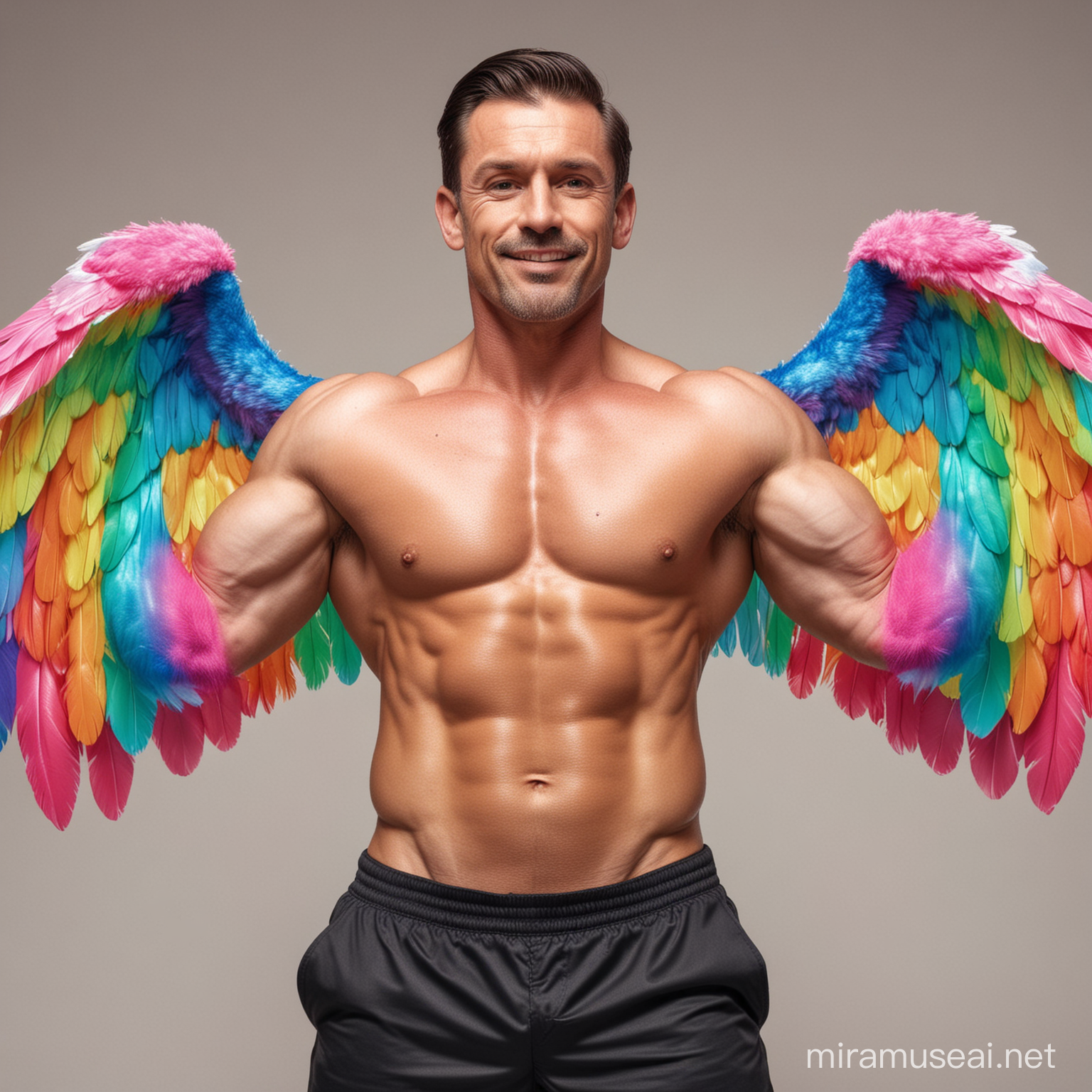 Topless 40s Ultra Beefy IFBB Bodybuilder Caucasian Man wearing Multi-Highlighter Bright Rainbow Coloured See Through Eagle Wings Jacket and Flexing Big Strong Arm with Doraemon
