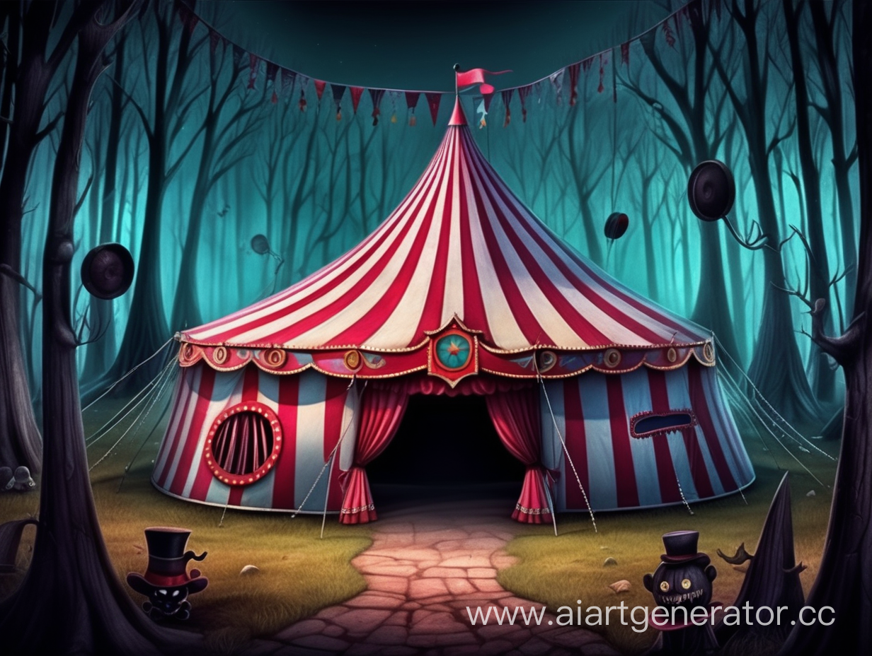 Creepy circus tent in the forest, Tim Burton style, cartoon style, horror