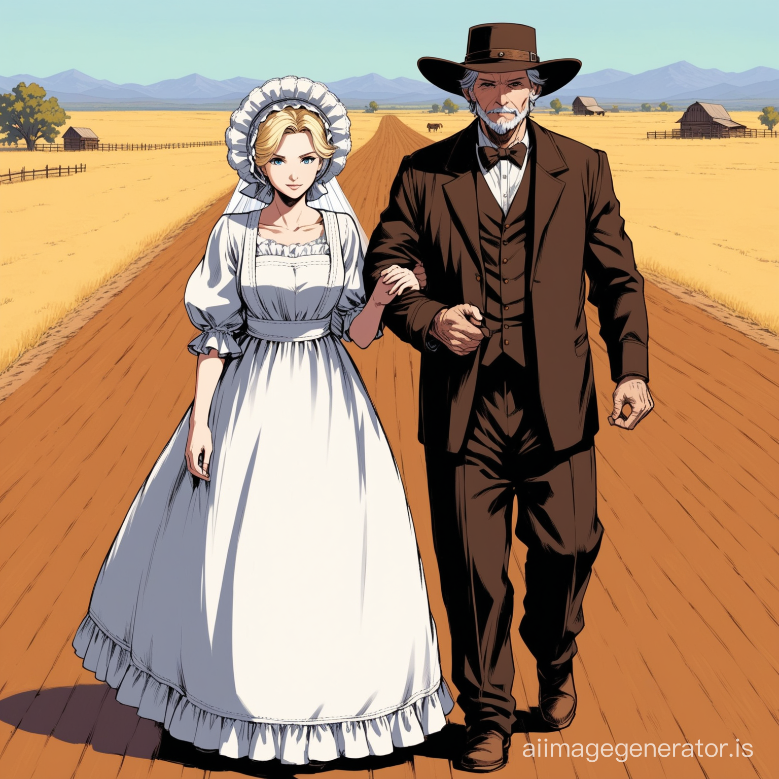 Susan Storm from the FF4 dressed as an old west farmer's wife wearing a brown floor-length loose billowing old west poofy modest dress with a long apron and a frilly bonnet hand in hand with an old farmer dressed into a black suit who seems to be her newlywed husband