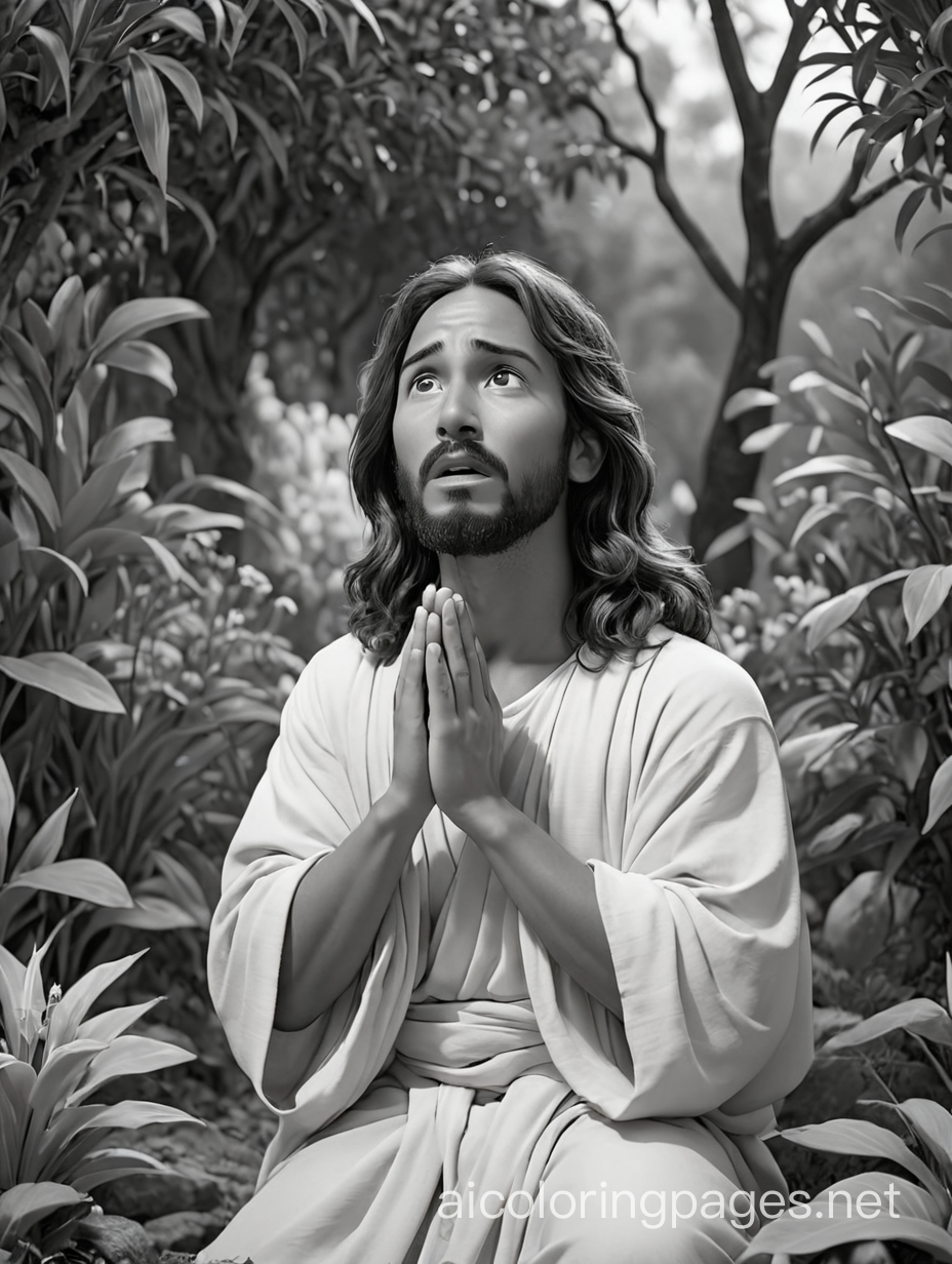 ethnic jesus praying and crying in the 
Garden of Gethsemane black and white, Coloring Page, black and white, line art, white background, Simplicity, Ample White Space. The background of the coloring page is plain white to make it easy for young children to color within the lines. The outlines of all the subjects are easy to distinguish, making it simple for kids to color without too much difficulty