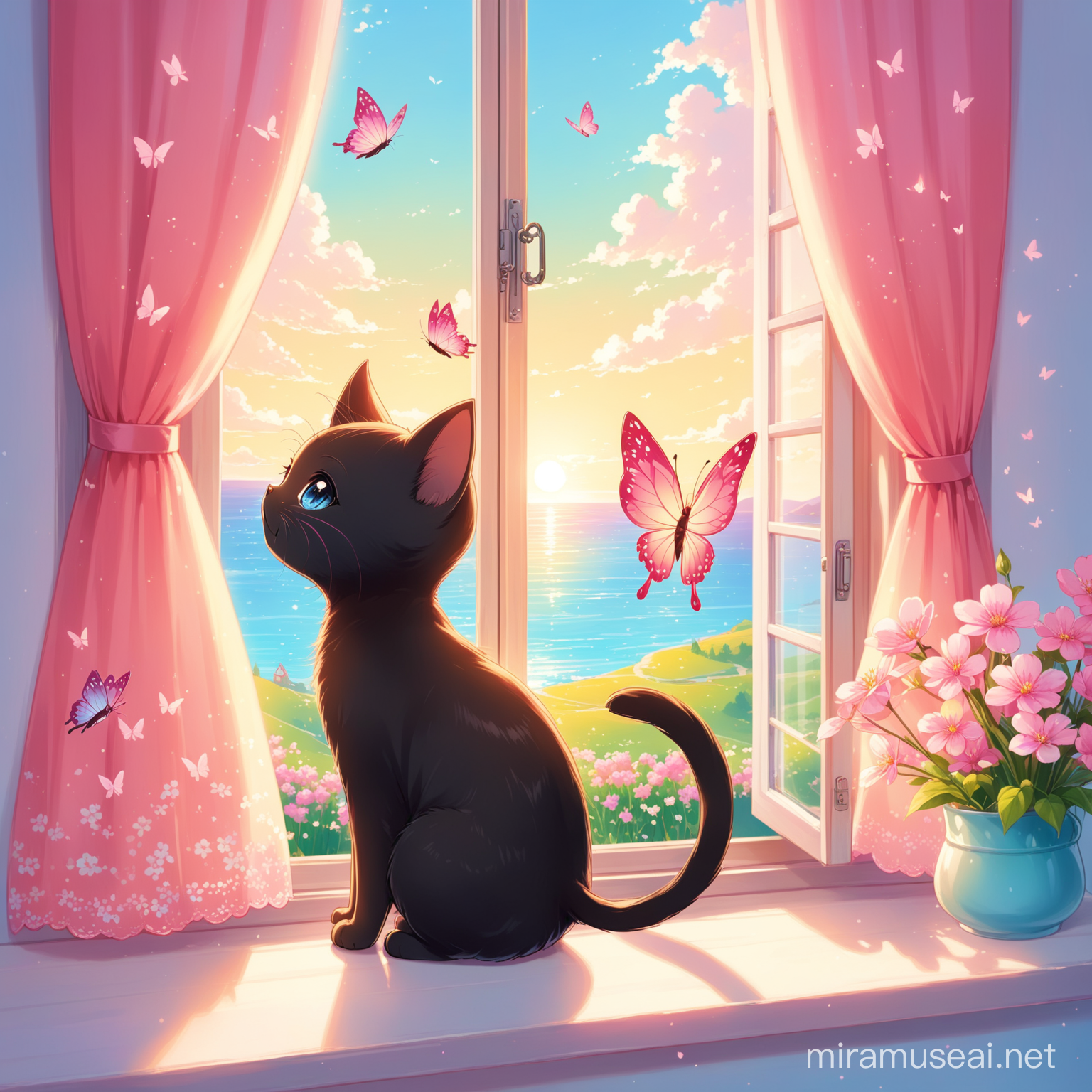 little black kitten is standing on the window sill on its hind legs and looking outside the window, a big beautiful pink butterfly is fluttering outside the window, kind, warm, cosy, bright warm colours, spring, morning outside the window you can see the blue sea, spring morning, beautiful, warm, fairy-tale, cute