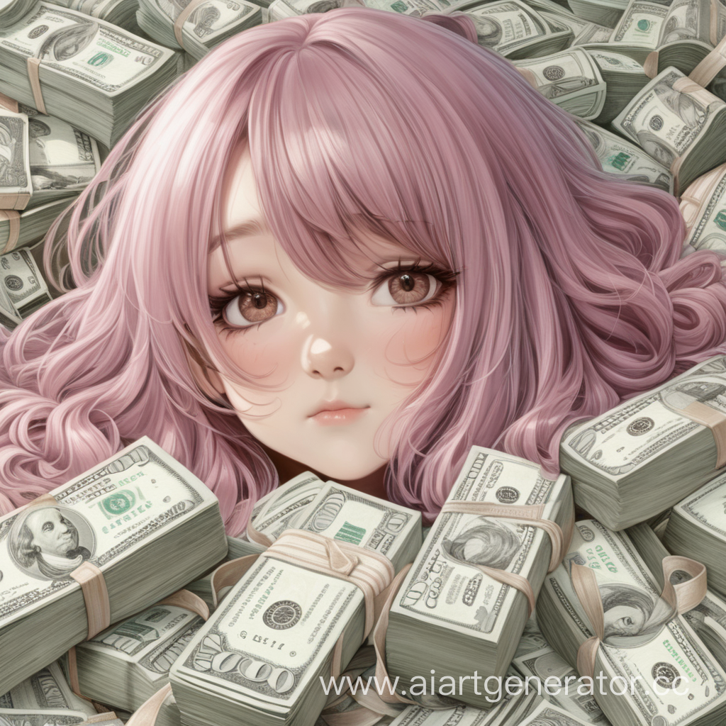 цвет волос #d0a8b0,  Розово-серо-коричневый глаза, лежит в кровати в куче денег 