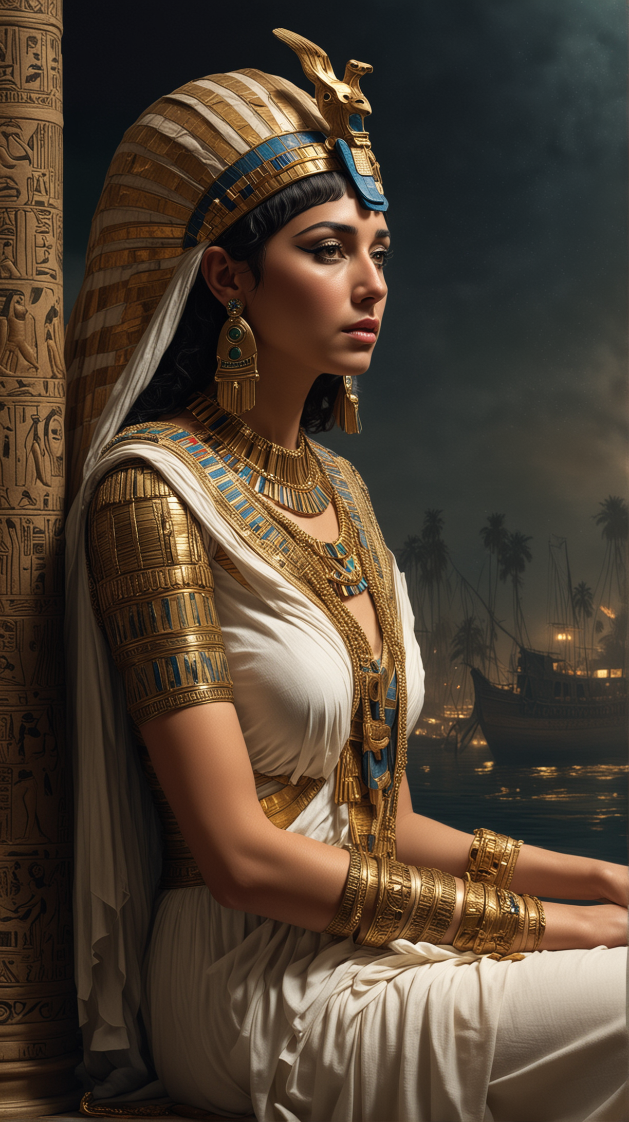During a treacherous voyage down the Nile, Cleopatra, adorned in her royal regalia, contemplates the weight of her dynasty's legacy amidst the whispers of betrayal echoing across the waters" hyper realistic