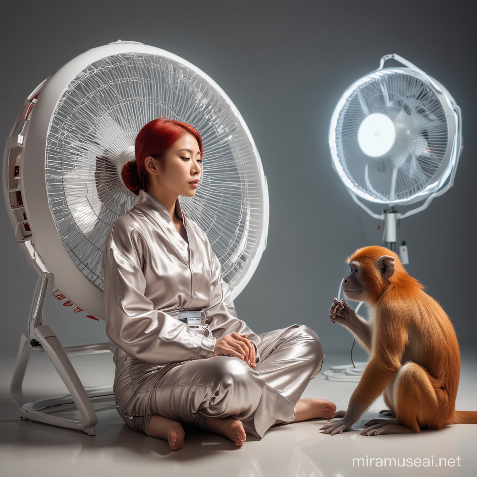 Asian woman with red hair wearing a futuristic outfit relaxing in the airflow from a fan after a hard day of working accompanied by a small monkey with similar outfit