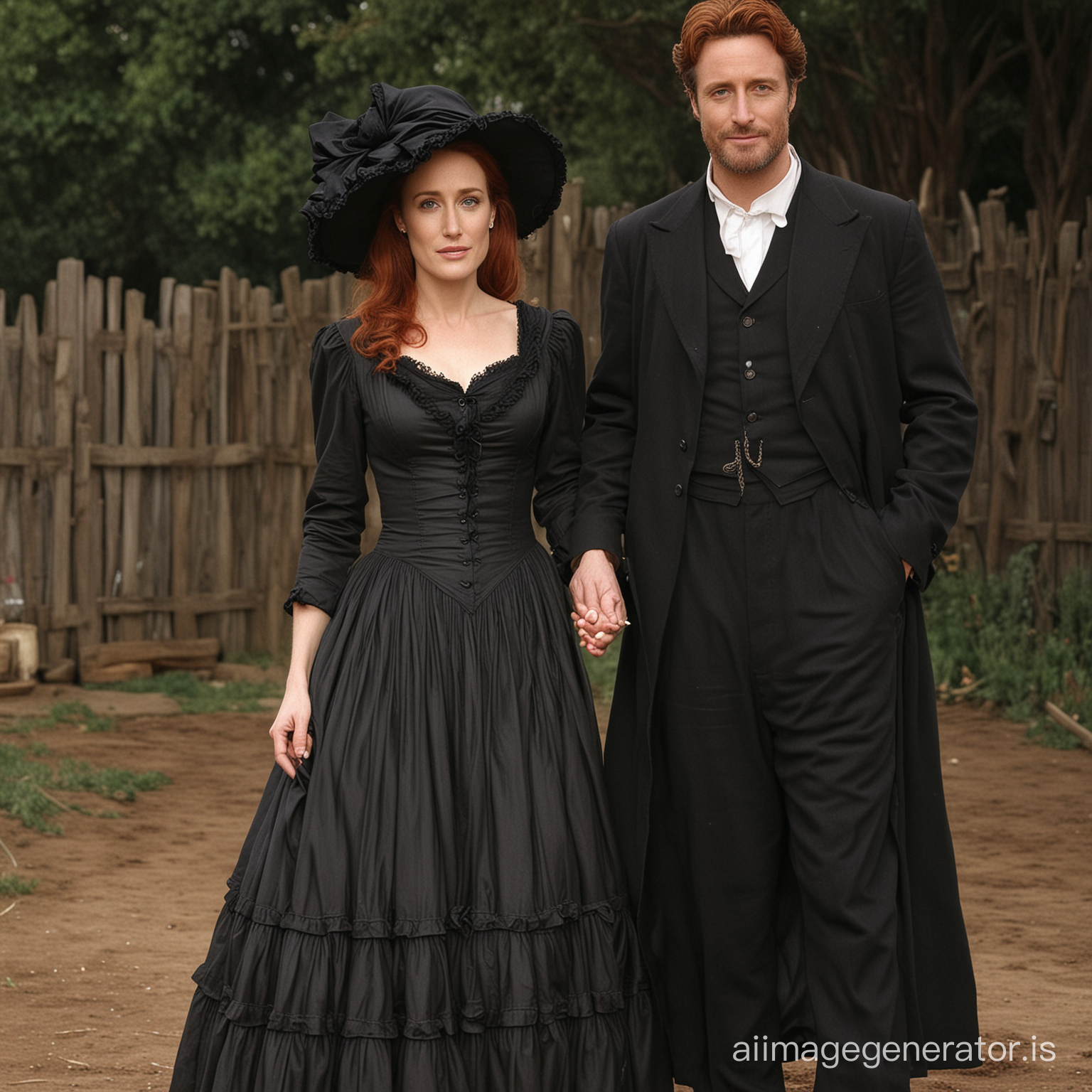 red haired Gillian Anderson dressed as an old west farmer's wife wearing a black floor-length loose billowing old west poofy modest dress with layers of petticoats a long apron and a frilly bonnet hand in hand with an old farmer dressed into a black suit who seems to be her newlywed husband