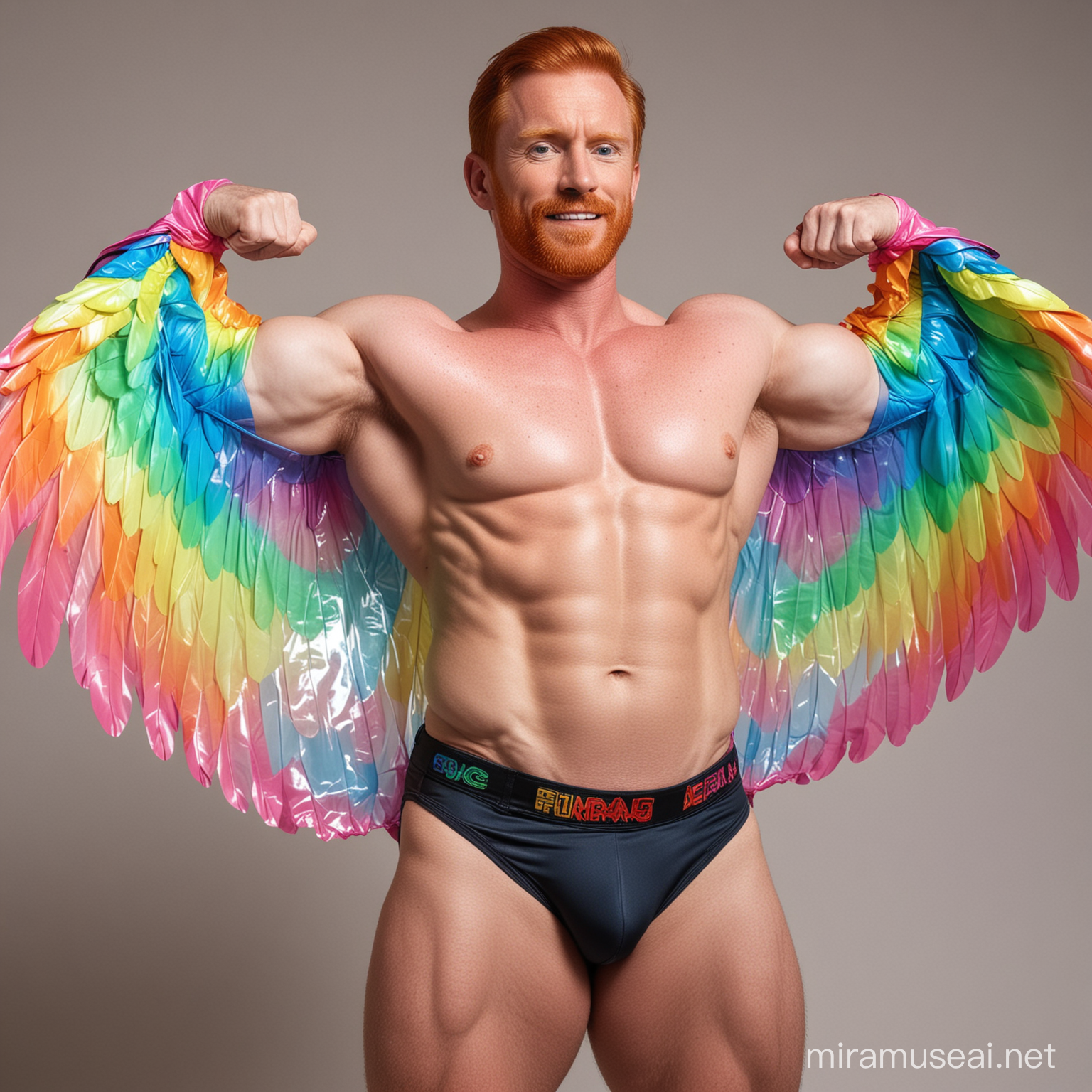 Powerful Redhead Bodybuilder Flexing with Rainbow Eagle Wings Jacket and Doraemon