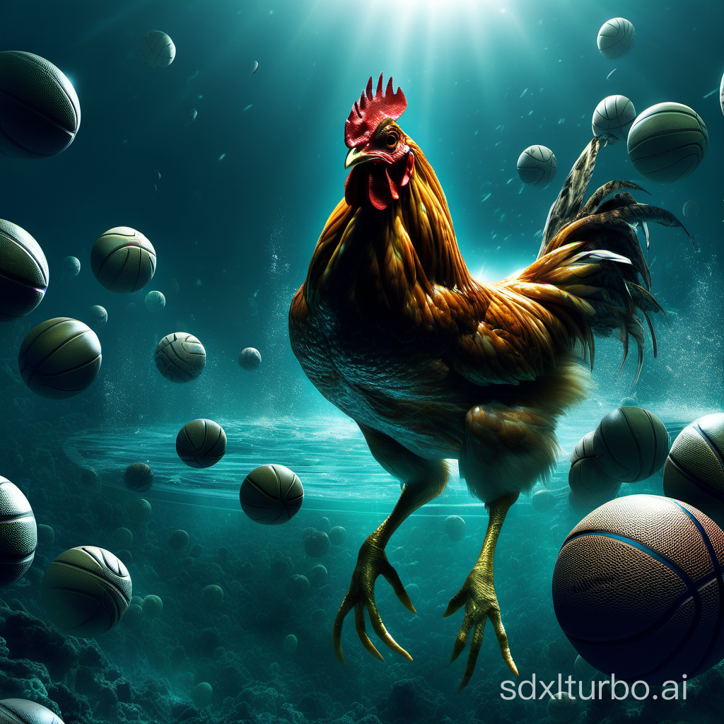 Deep sea, basketball, chicken, high-definition, powerful, sharp, eye-catching, sci-fi, realistic