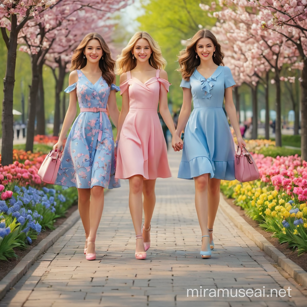 Две красивые подруги в розовом и голубом платьях с сумочками в руках гуляют по весеннему парку у набережной моря. Вокруг цветут деревья и клумбы. Девушки в красивых туфельках. Они весёлые.