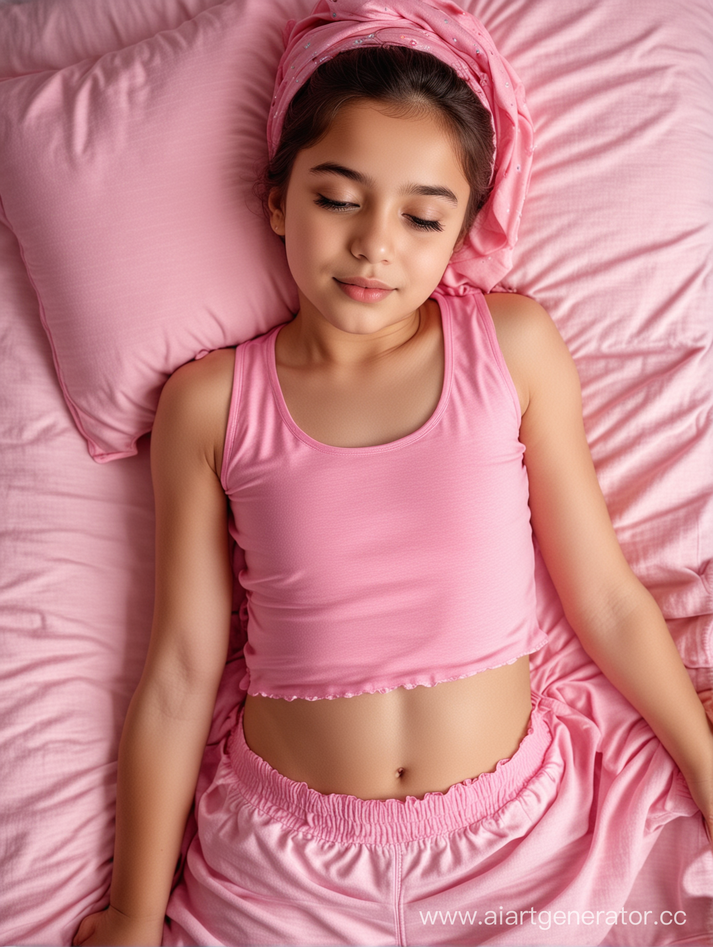 a little girl, 12 years old, hijab, lying on the pillow, from above, top view, sleeping, close up, cute, pink loose sport tank top, pink panties,