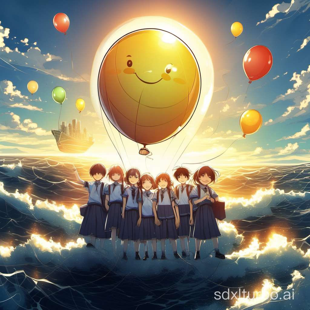 school,balloon,science and technology，sunshine,classmates,smiling face,dark sea