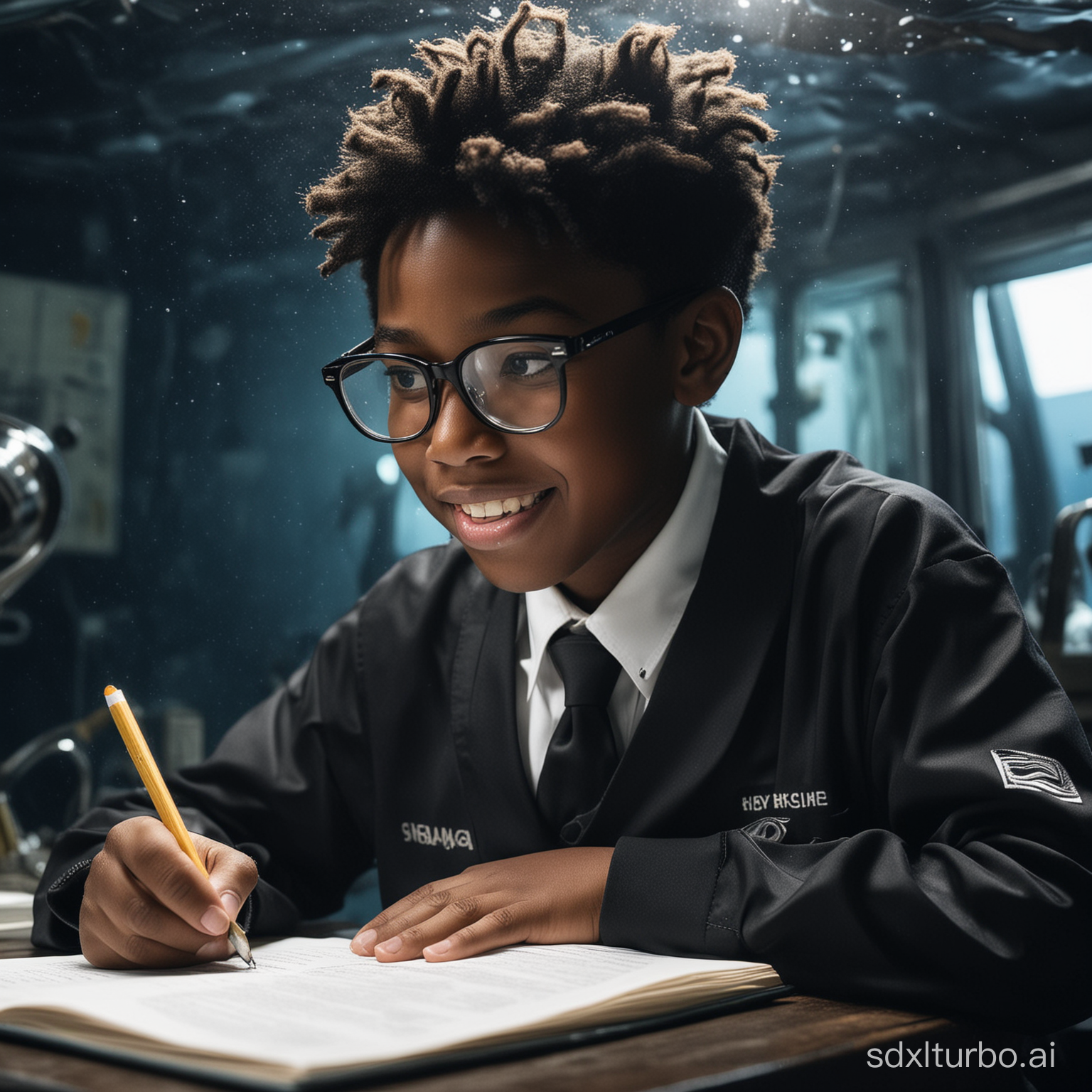 一个龅牙中等大小的眼睛 带黑框眼镜 黑色肤色的平头小男孩穿着初中校服 在深海里写作业