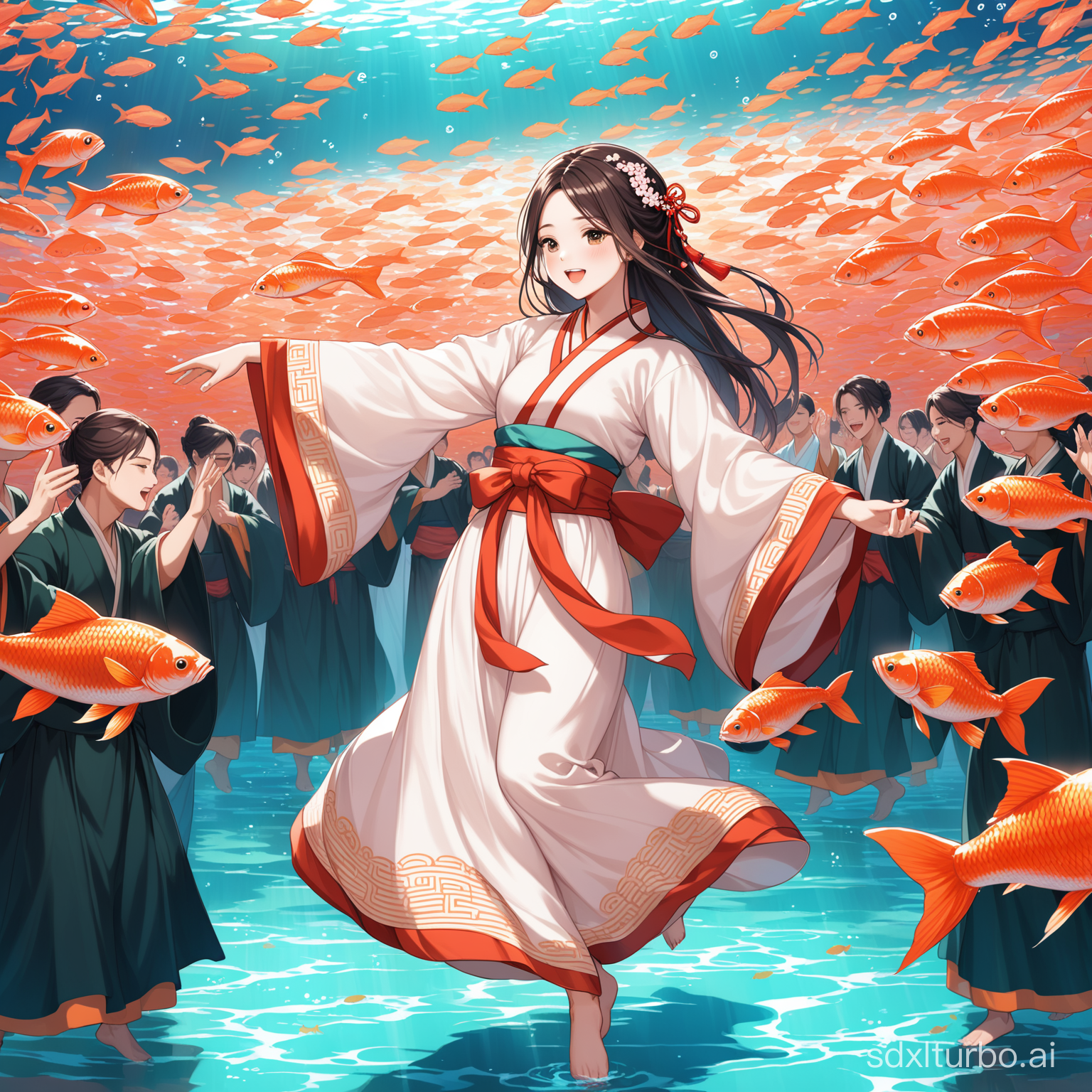 A girl in Hanfu is dancing under the crowd of fish