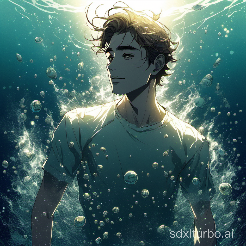 A sparkling young man slowly emerged from the deep sea