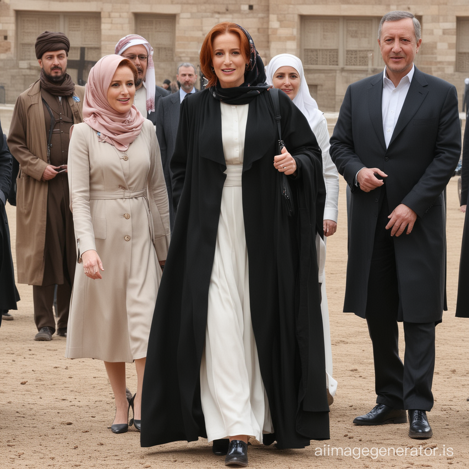red haired Gillian Anderson in hijab with floor length sirkt and long outer cardigan standing beside president Erdogan